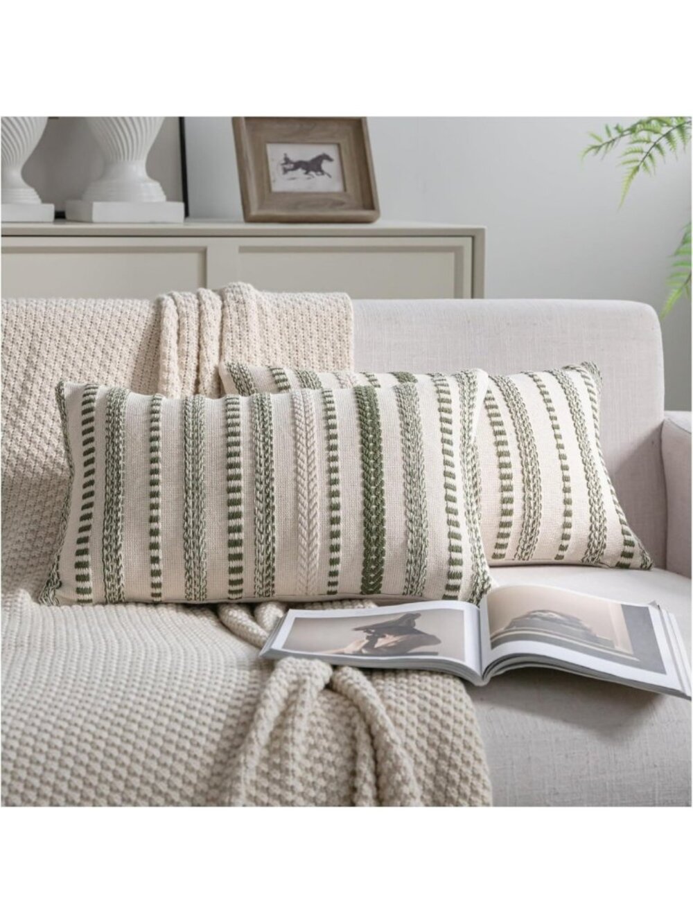 Set of 2 Green Boho Stripe Throw Pillow Covers 12x20" Decorative Cushion Cases